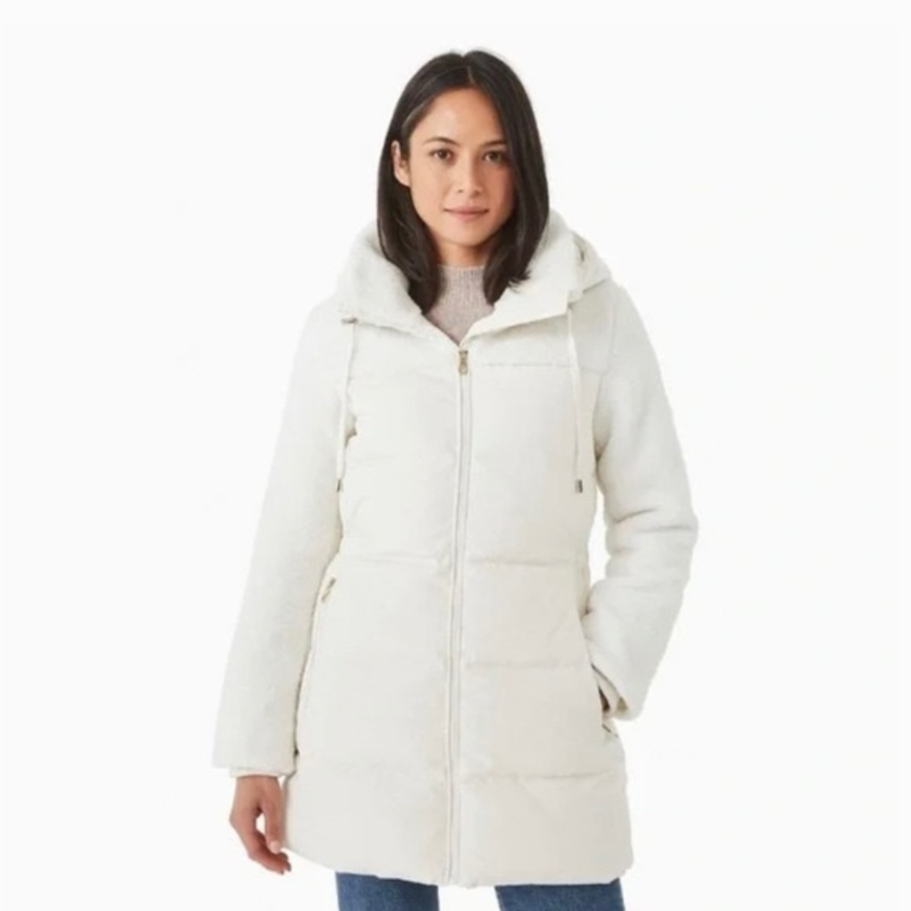 IVORY KATE SPADE MIXED MEDIA SHERPA LONG PUFFER COAT JACKET